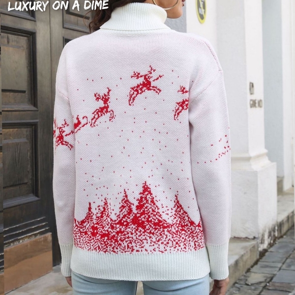 Knit Turtleneck Santa Reindeer Classy Winter Christmas Scene Chic Sweater Top - Picture 2 of 9